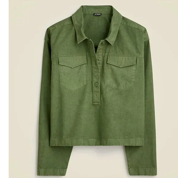 J Crew Popover Shirt in Cotton-Linen Blend Army Green | Size Large - Picture 2 of 8